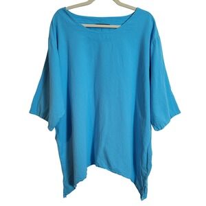 Giocam Womens Turquoise 100% Cotton Sharkbite Hem Oversized Top Made in Peru Med